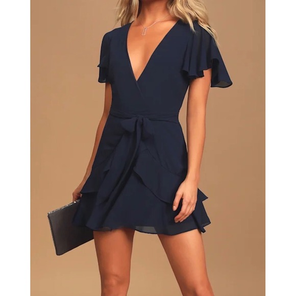 Lulus Dresses & Skirts - NWOT Lulus Large Sweet Like You Navy Ruffled Mini Dress Navy Blue Short Sleeve